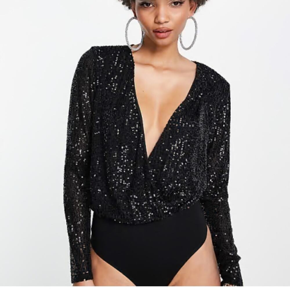 NEW Sincerely Jules Black Sequin Wrap Bodysuit Sexy Cocktail Party Date Night